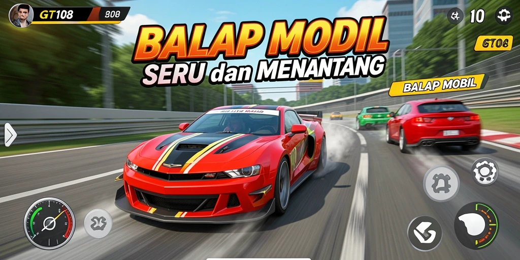 Tampilan antarmuka balap mobil yang dinamis dan menarik.