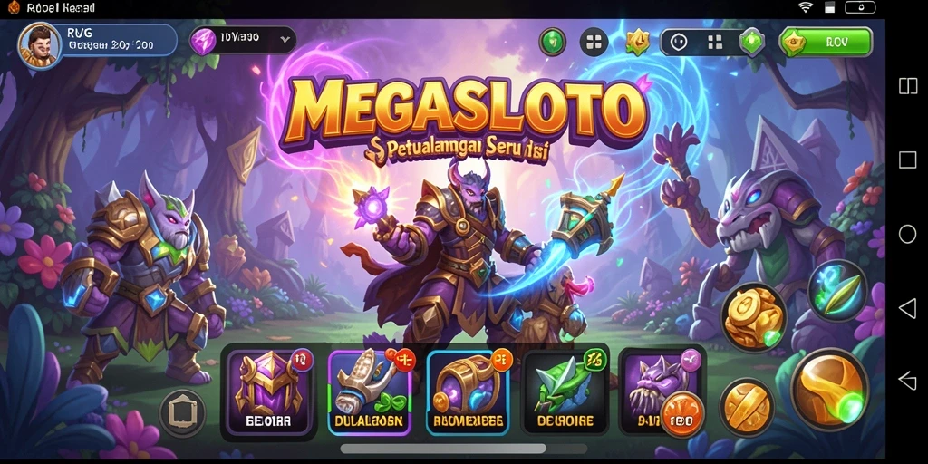 Antarmuka interaktif MEGASLOTO yang menampilkan karakter dan pertarungan RPG.